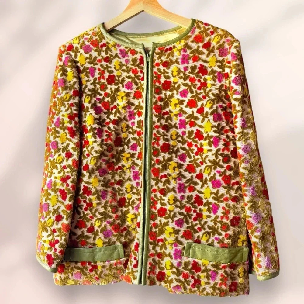Vintage 60s Floral Chenille Tapestry Burnt out Velvet Carpet Blazer Jacket
